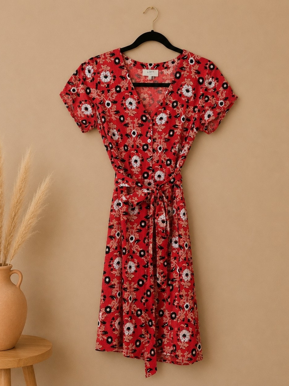 LOFT Red Floral Tie-Front Midi Dress